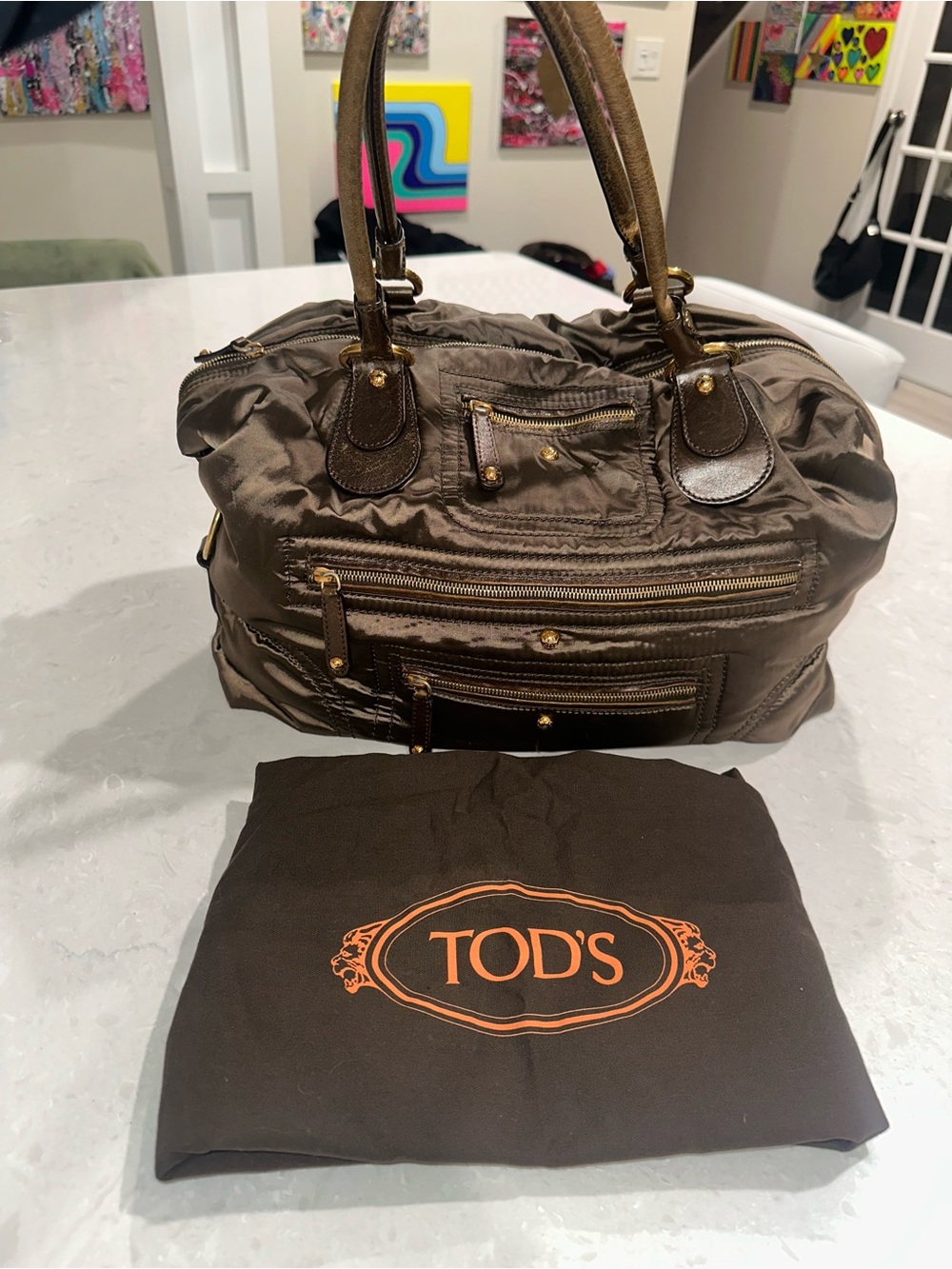 Tod’s Women’s Stylish top handle satin nylon handbag w/leather trim w/dudtbag